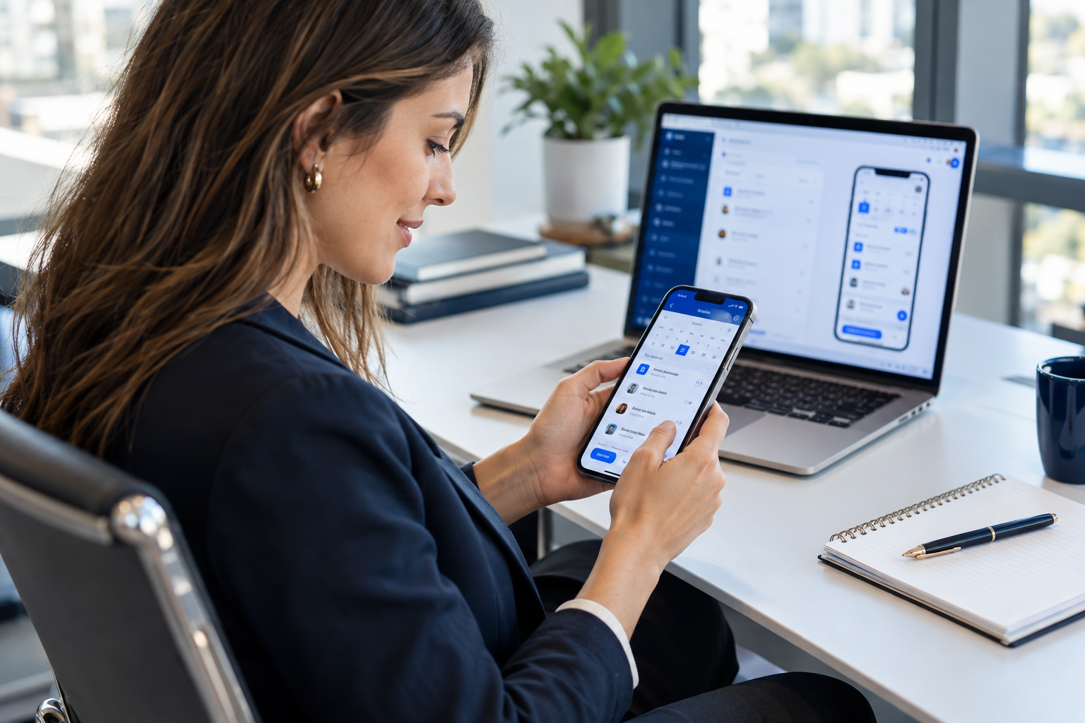 Profesional probando una aplicación móvil de empresa